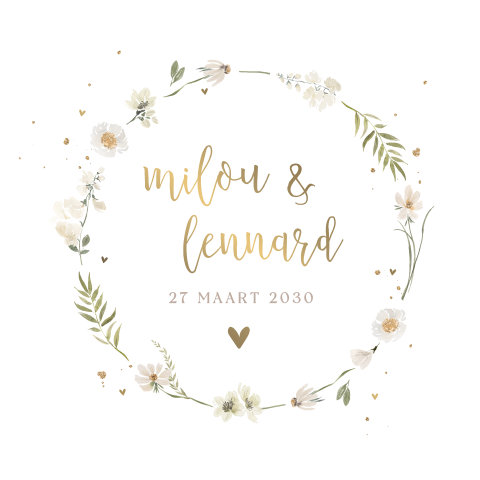 Romantische trouwkaart met bloemenkrans en mat goudfolie