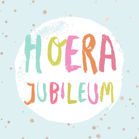 Vrolijke kleurrijke felicitatie kaart werk jubileum met stipjes