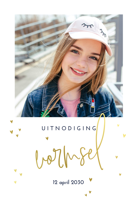 Vormsel uitnodiging met goudfolie en foto
