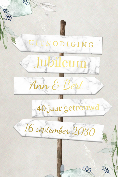 Goudfolie uitnodiging 40 jarig jubileum met wegwijzer