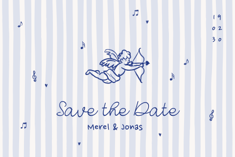 Save the date blauw met streeppatroon en cupido