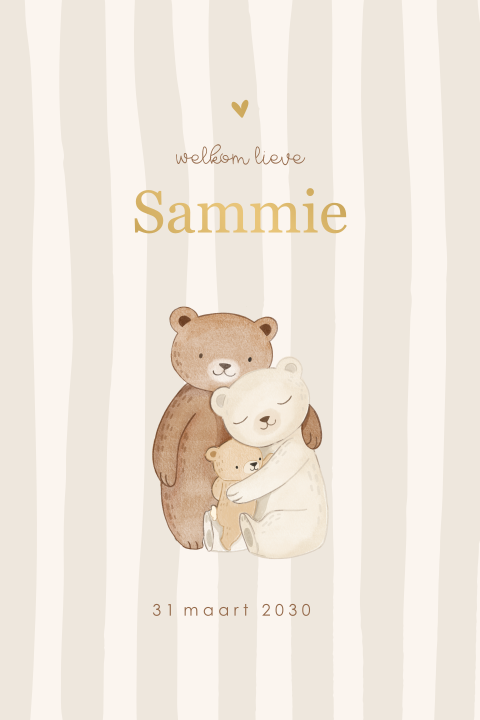 Lief geboortekaartje strepen beige met berenfamilie