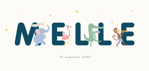 Vrolijk geboortekaartje jongen met feestelijke dierenparade