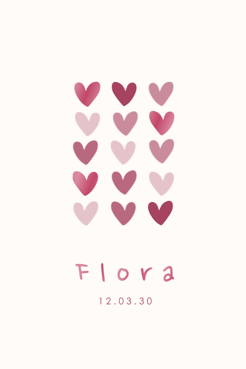 Lief geboortekaartje meisje met roze hartjes en hoogglans