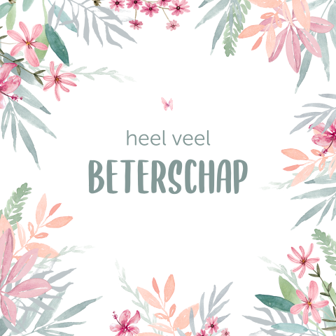 Beterschapskaart met vrolijke bloemen en vlinder