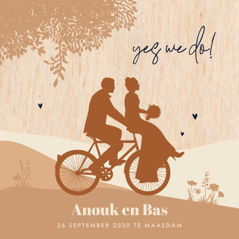 Stijlvolle trouwkaart met silhouetten op berkenhout