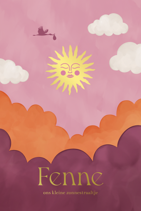 Dromerig geboortekaartje met roze lucht en goudfolie