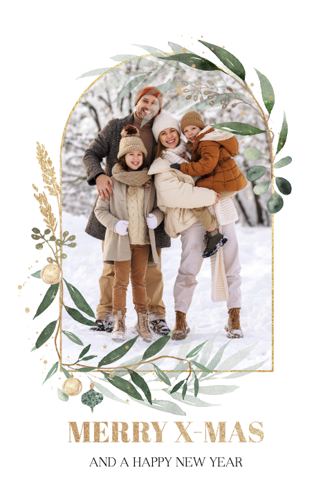 Kerstkaart in botanische stijl met foto en gouden details