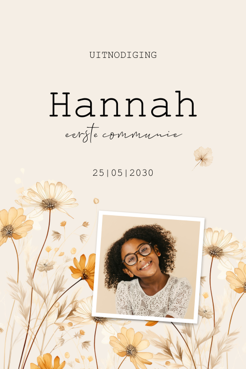 Uitnodiging Communie met eigen foto en bloemen