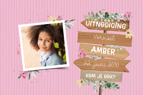 Roze uitnodiging vormsel met wegwijzer en foto