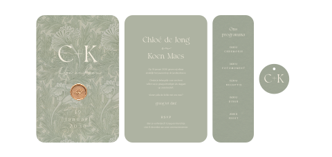 Stijlvolle trouwkaart pocketfold in groen met botanisch patroon en lakzegel   