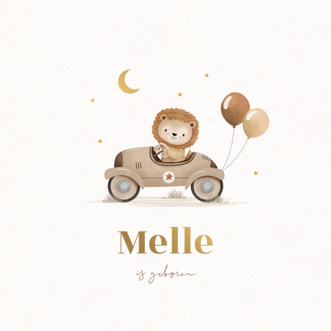 Vrolijk geboortekaartje met leeuwtje in auto met mat goudfolie