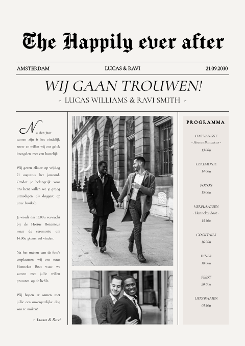 Trouwkaart in vorm van krant