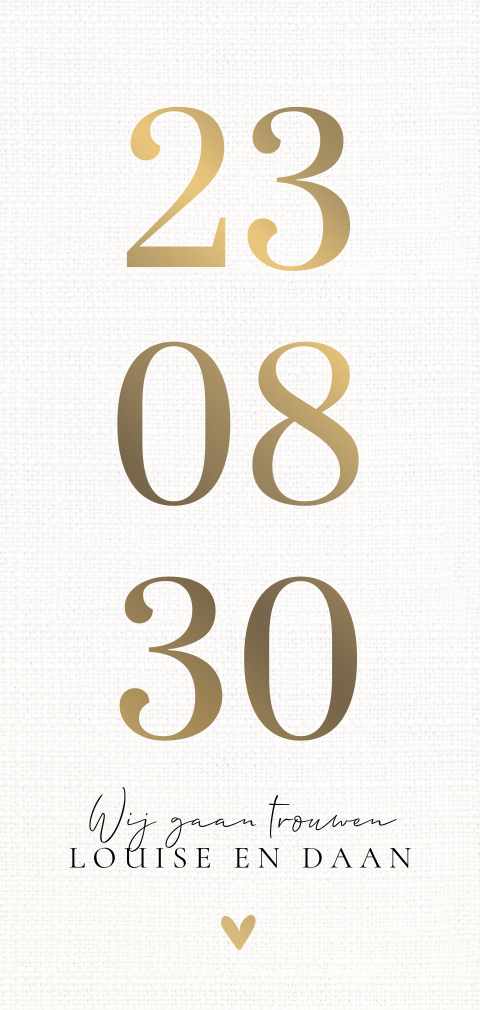 Stijlvolle uitnodiging bruiloft met linnenlook en mat goudfolie datum