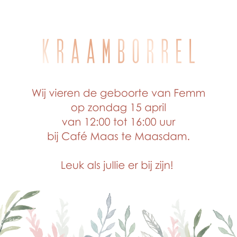 Lief kraamborrel kaartje met botanische print en roséfolie