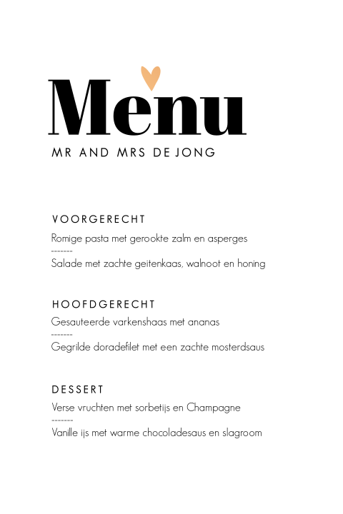 Menukaart typografisch met koperfolie hartje