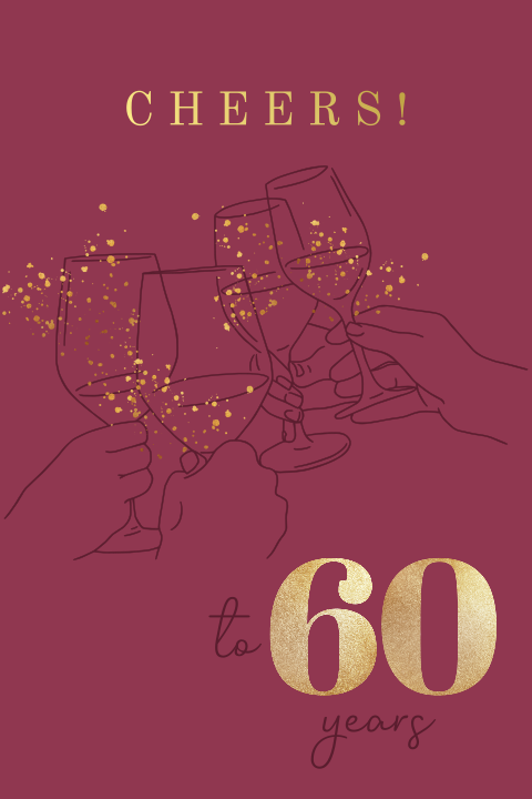 Uitnodiging 60 jaar in rood met wijnillustratie en goudfolie