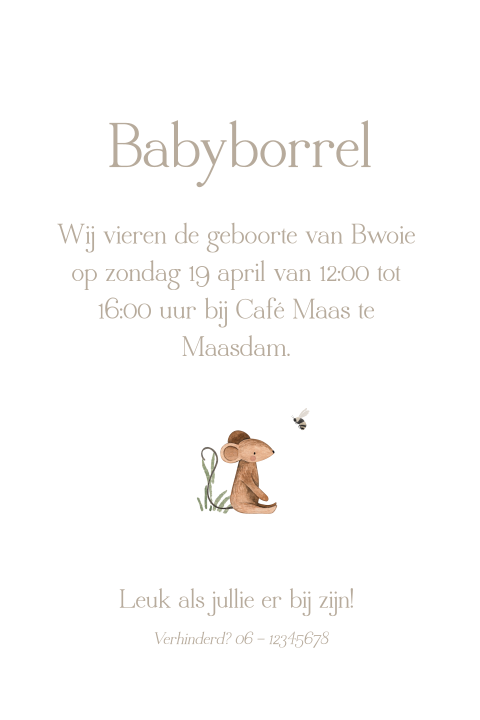 Kraamborrelkaartje met ronde hoeken en muis