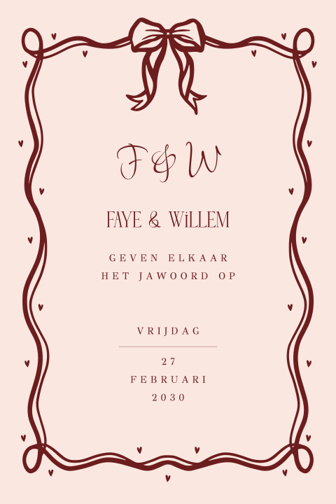 Trouwkaart roze rood vintage met strik