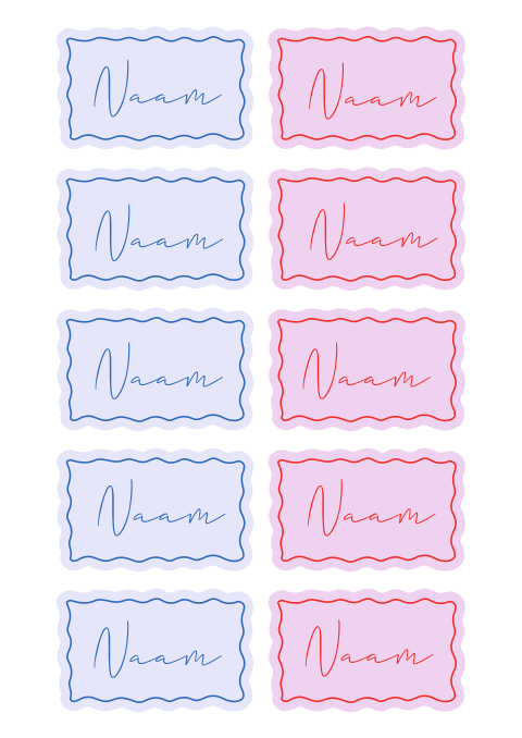 Naamkaartjes bruiloft in blauw en roze met golvende rand