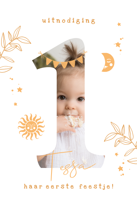 Uitnodiging kinderfeestje 1 jaar met foto, zonnetje en maantje