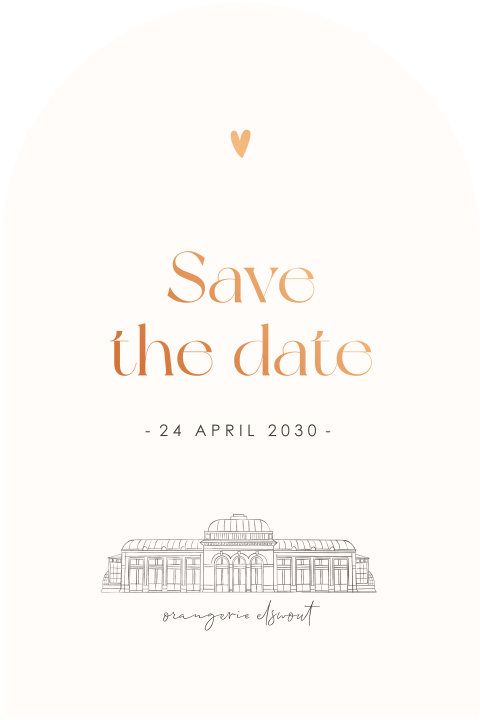 Save the Date kaart met illustratie trouwlocatie en koperfolie