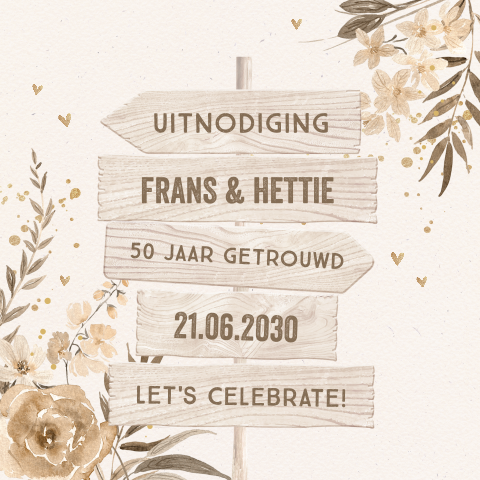 Stijlvolle uitnodiging 50 jaar getrouwd met wegwijzer en bloemen