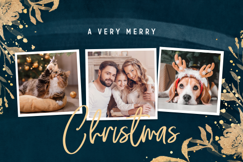 Stijlvolle kerstkaart met foto's en kersttakjes