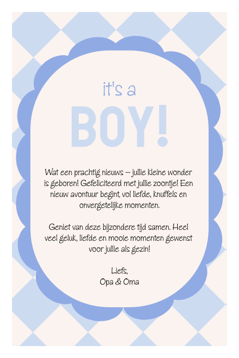 Geboortefelicitatiekaart jongen in blauw ruitpatroon
