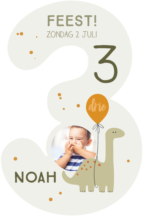 Uitnodiging verjaardag cijfer 3 jaar met dino