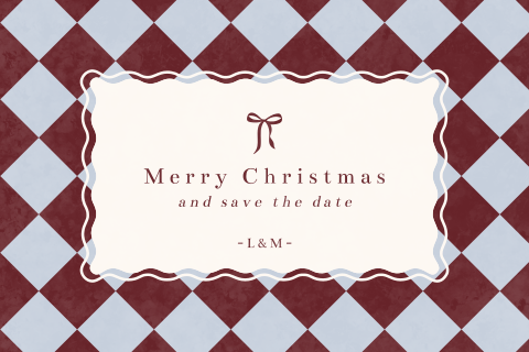 Kerst Save the date met ruitjes, kader en strikje