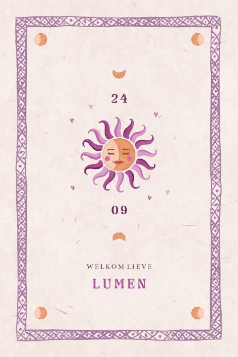 Geboortekaartje meisje spiritueel met zon in lila tinten