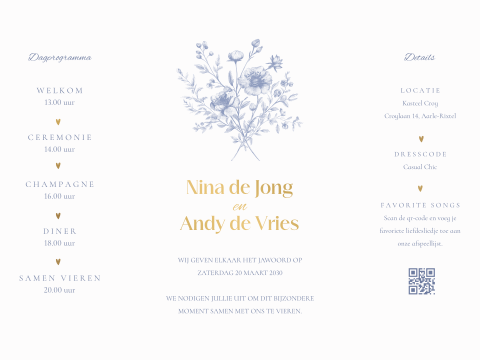 Trouwkaart met theatervouw in Toile de Jouy stijl met mat goudfolie