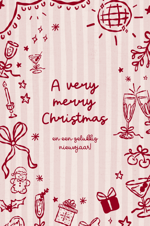 Vrolijke kerstkaart in roze met streeppatroon en illustraties