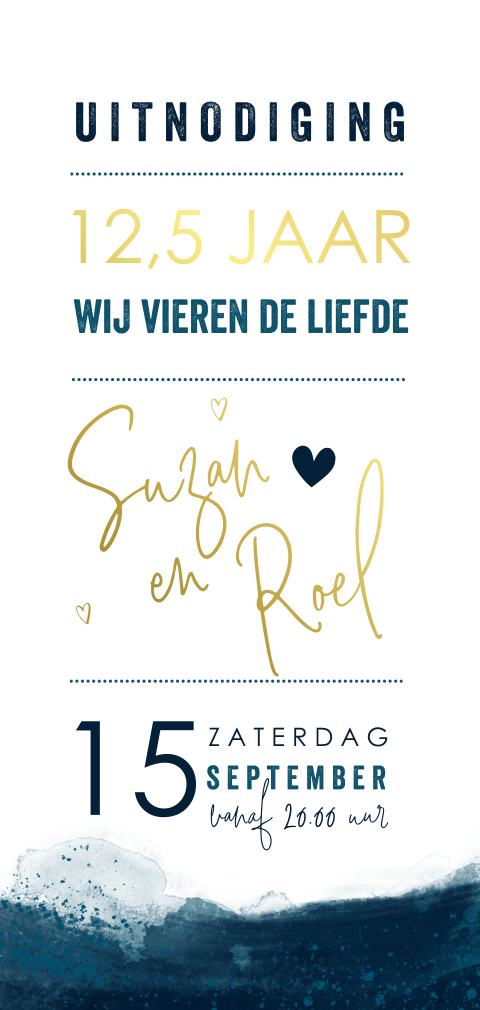 Uitnodiging goudfolie 12,5 jaar getrouwd met watercolour