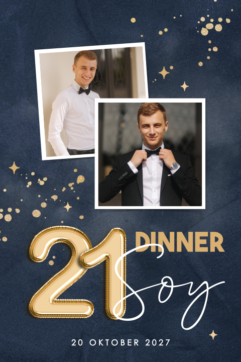 Uitnodiging 21 diner met foto's en gouden details