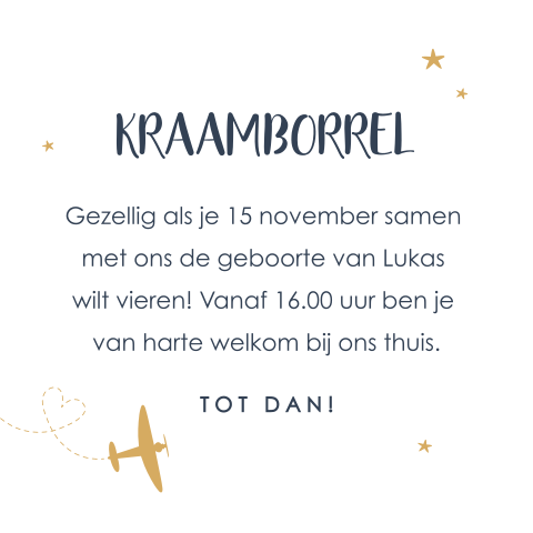 Kraamborrel uitnodiging met vliegtuigje