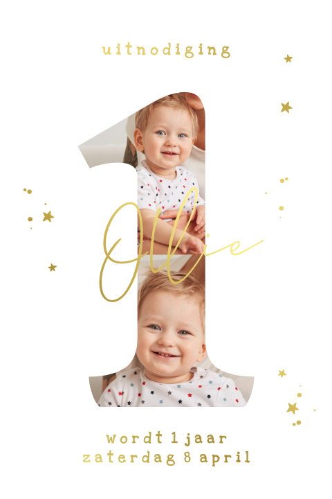 Uitnodiging kinderfeestje 1 jaar met foto en goudfolie sterren