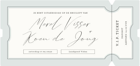 Elegante trouwkaart in ticketvorm met sierlijke typografie