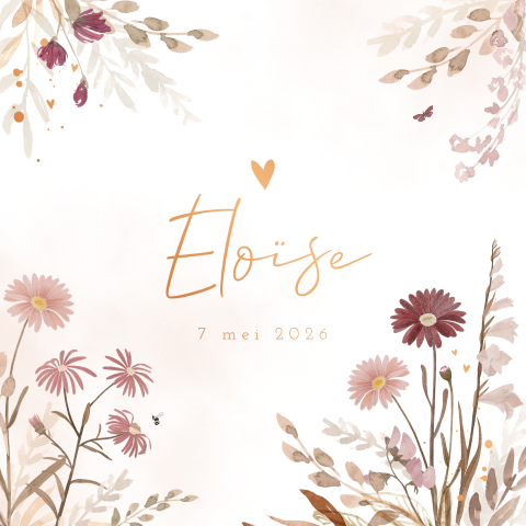 Geboortekaartje meisje vintage bloemen koperfolie