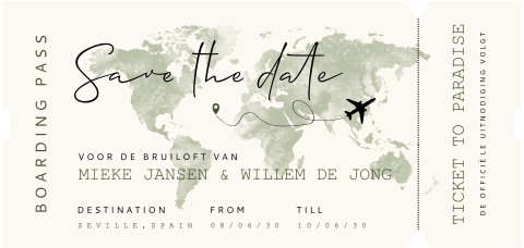 Save the date in vorm van boarding pass voor een buitenlandse bruiloft