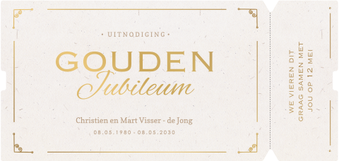 Uitnodiging gouden bruiloft in ticketvorm met mat goudfolie