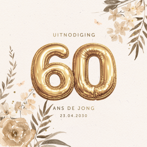 Verjaardag uitnodiging 60 jaar met bloemen en gouden ballonnen 