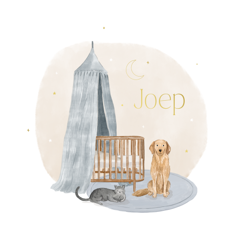 Lief goudfolie geboortekaartje met wiegje en hond en kat