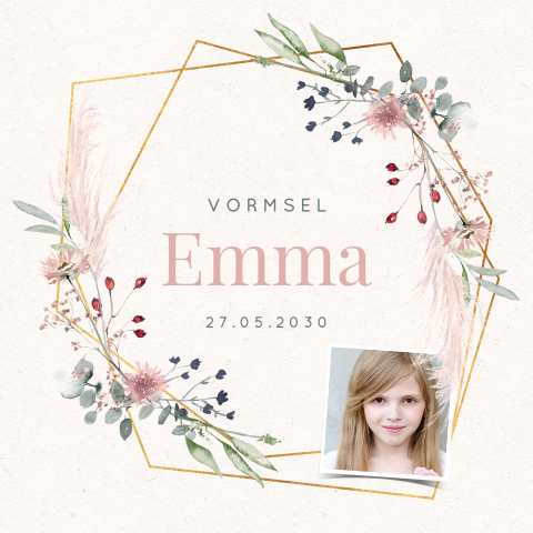 Vormsel uitnodiging floral met foto