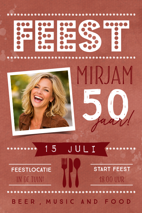 Vrolijke uitnodiging 50 jaar in rood met foto en feestletters