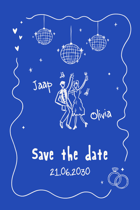 Save the date kaart in blauw met vrolijke illustraties