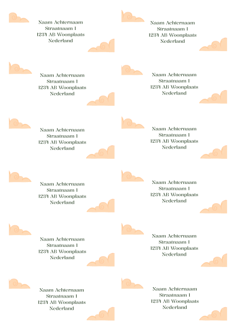 Adresstickers voor geboortekaartje met oranje wolken