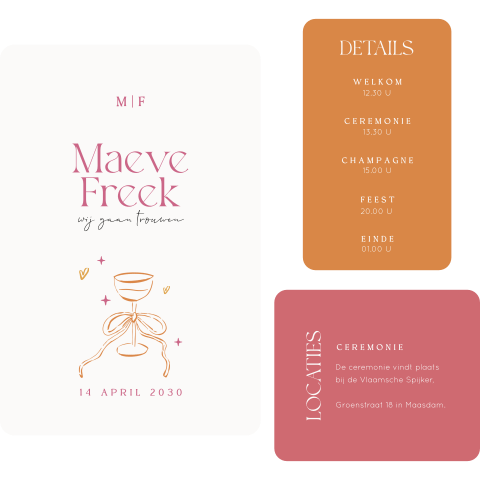 Vrolijke label trouwkaart in roze en oranje met illustratie van champagneglas