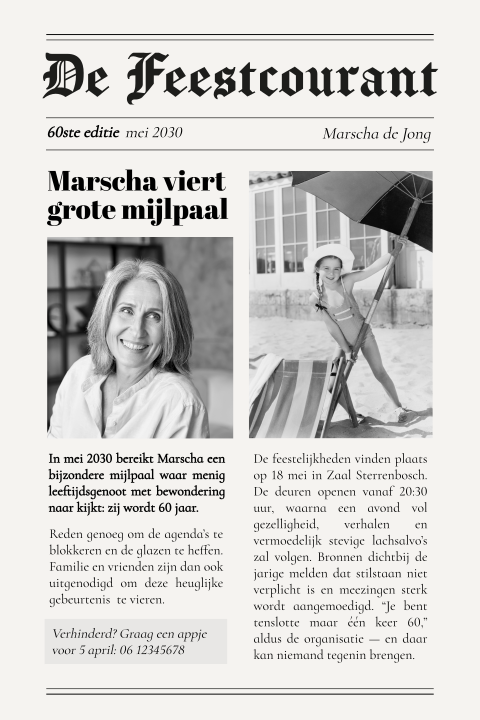 Verjaardagsuitnodiging 60 in krantenstijl met foto's
